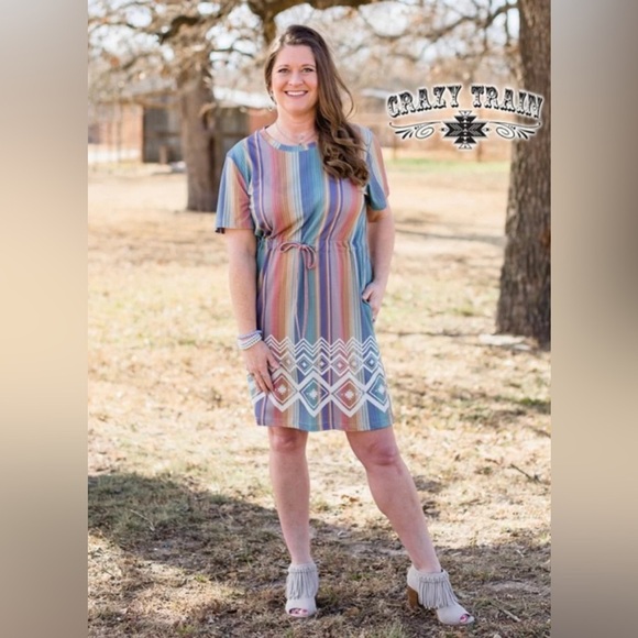 Crazy Train Pastel Colorful Drawstring Waist Aztec Dress - Picture 1 of 7